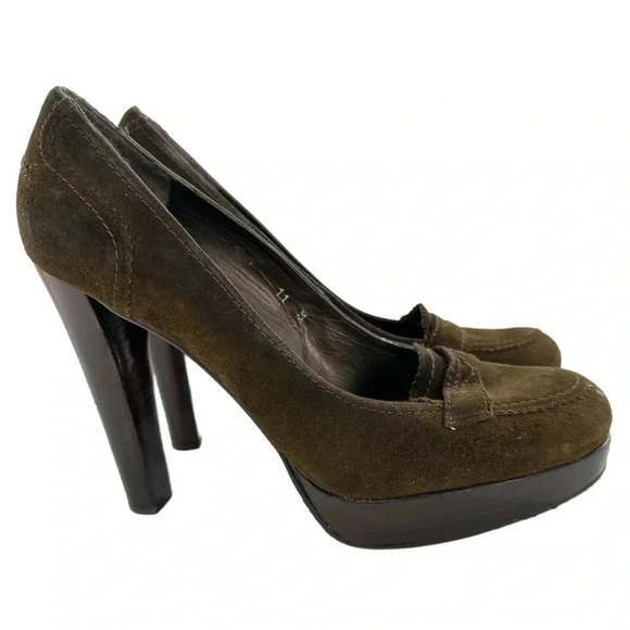 Stuart Weitzman heels size 11 olive green suede penny loafers chunky platforms - Picture 1 of 15